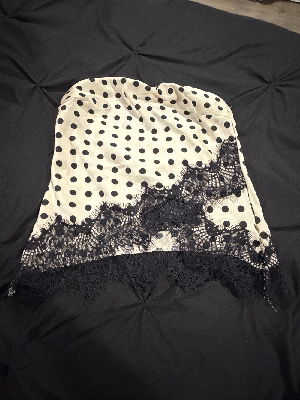 SHEIN Cream Polka Dot Strapless Bandeau with Black Lace